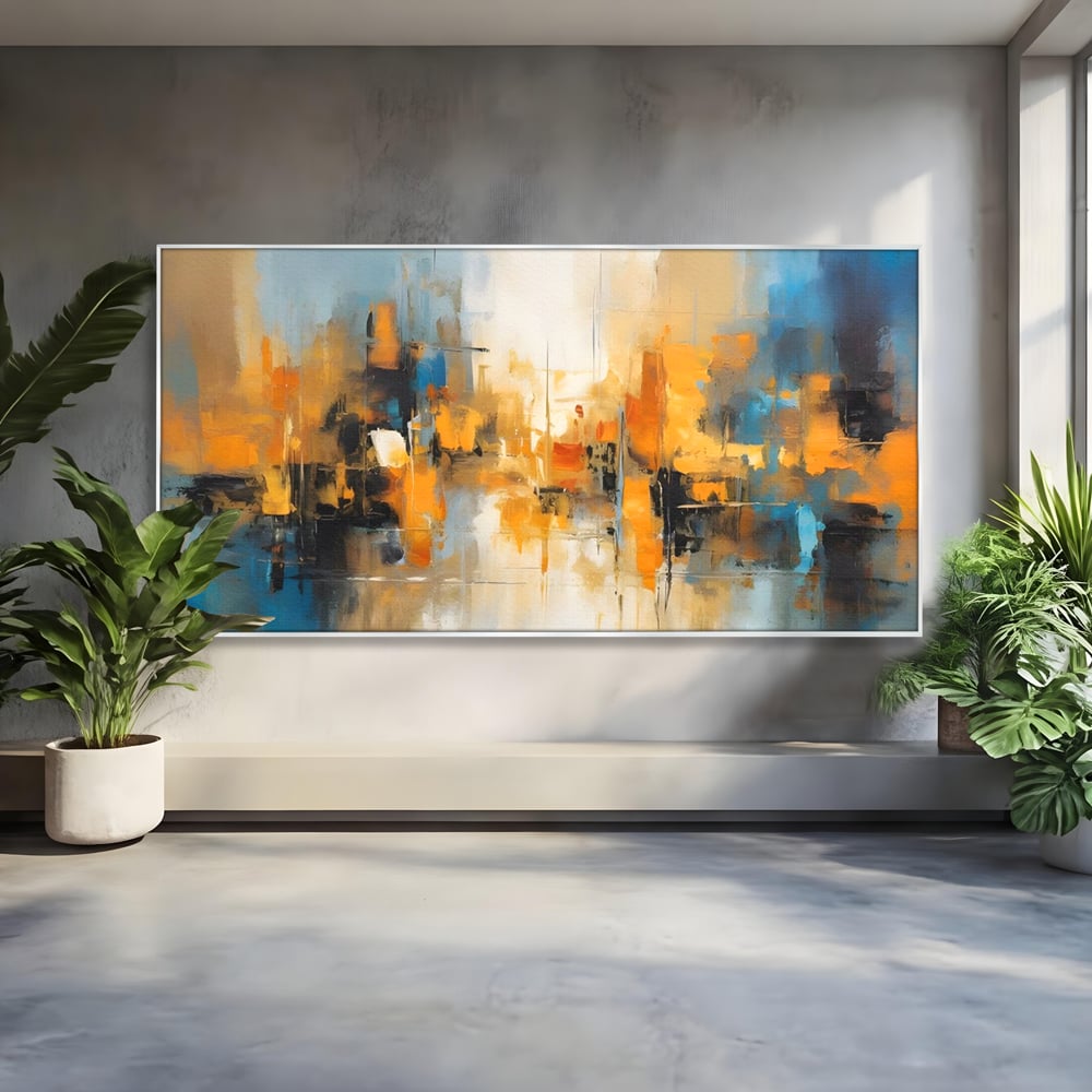 Tablou canvas cu pictura abstracta cu reflexii in apa, in rama de aluminiu argintiu